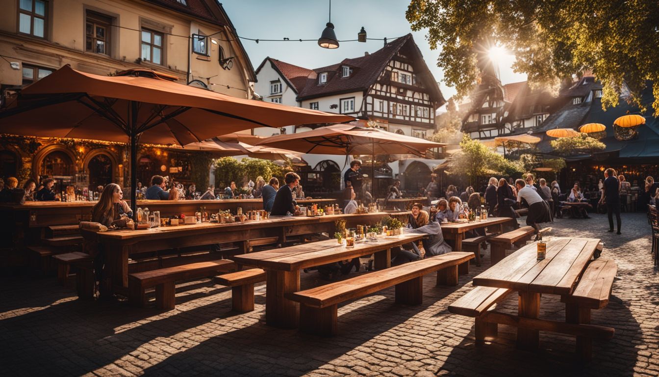 A lively German beer garden with diverse patrons and traditional decor.