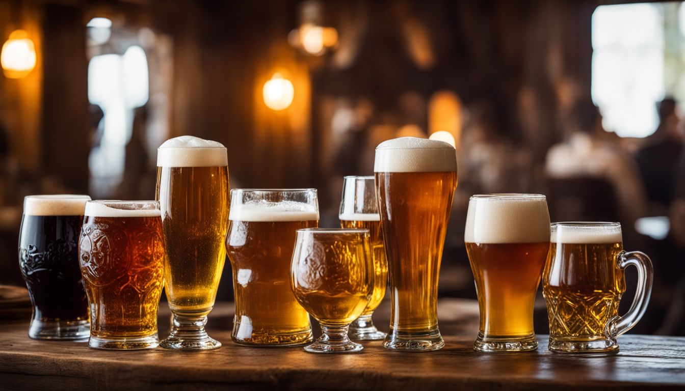 Assortment of traditional beer glasses from different countries on rustic table.
