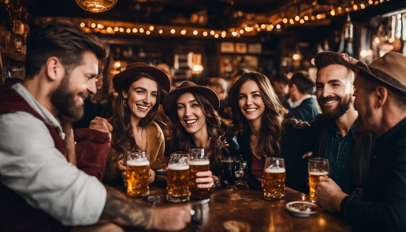 A diverse group of people toasting with beer in a pub.