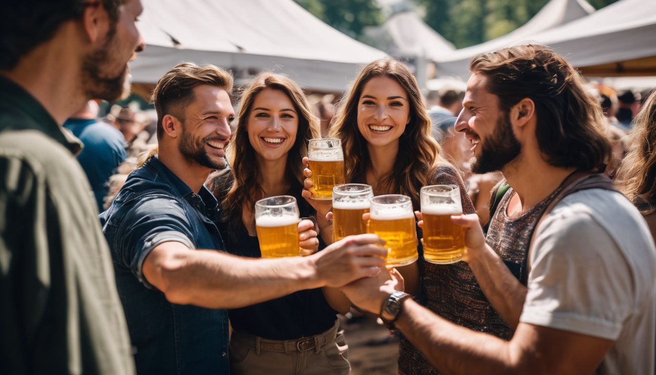 Group of friends toasting at a lively beer festival.