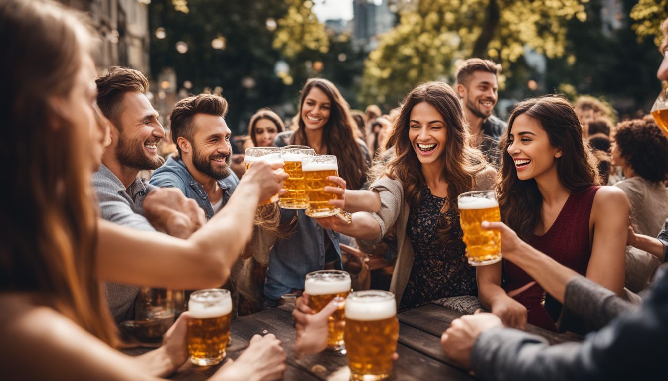 Diverse group of people enjoying beer in a lively beer garden.