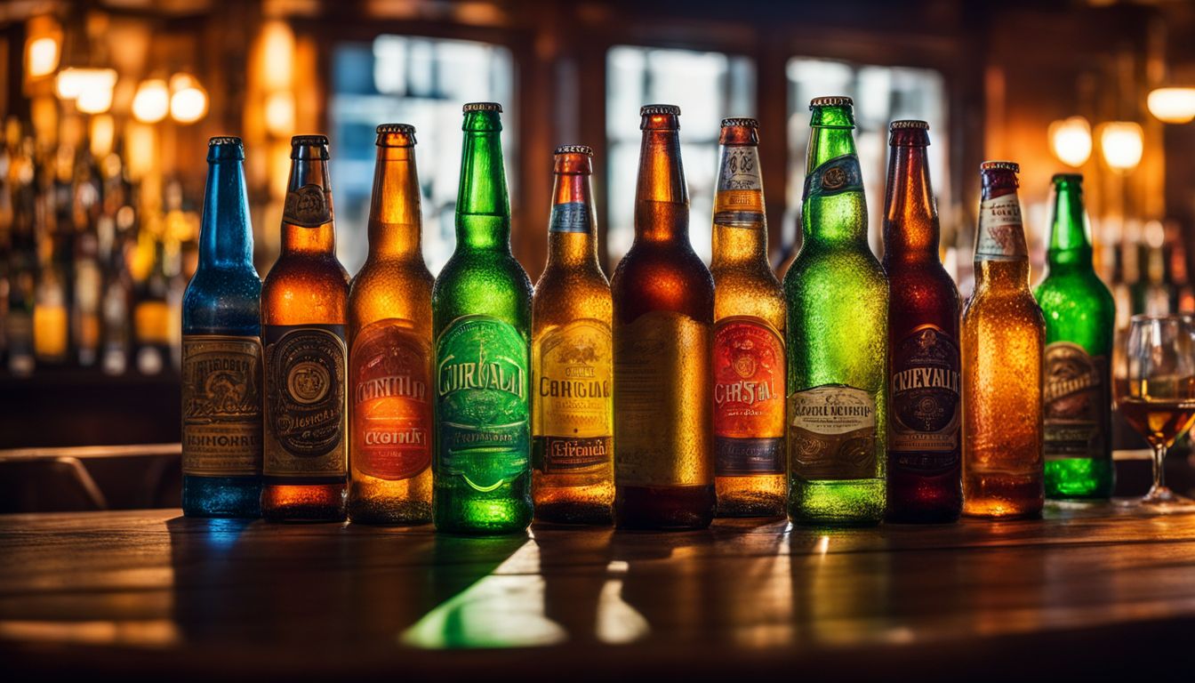 A vibrant bar scene with colorful beer bottles and glasses.