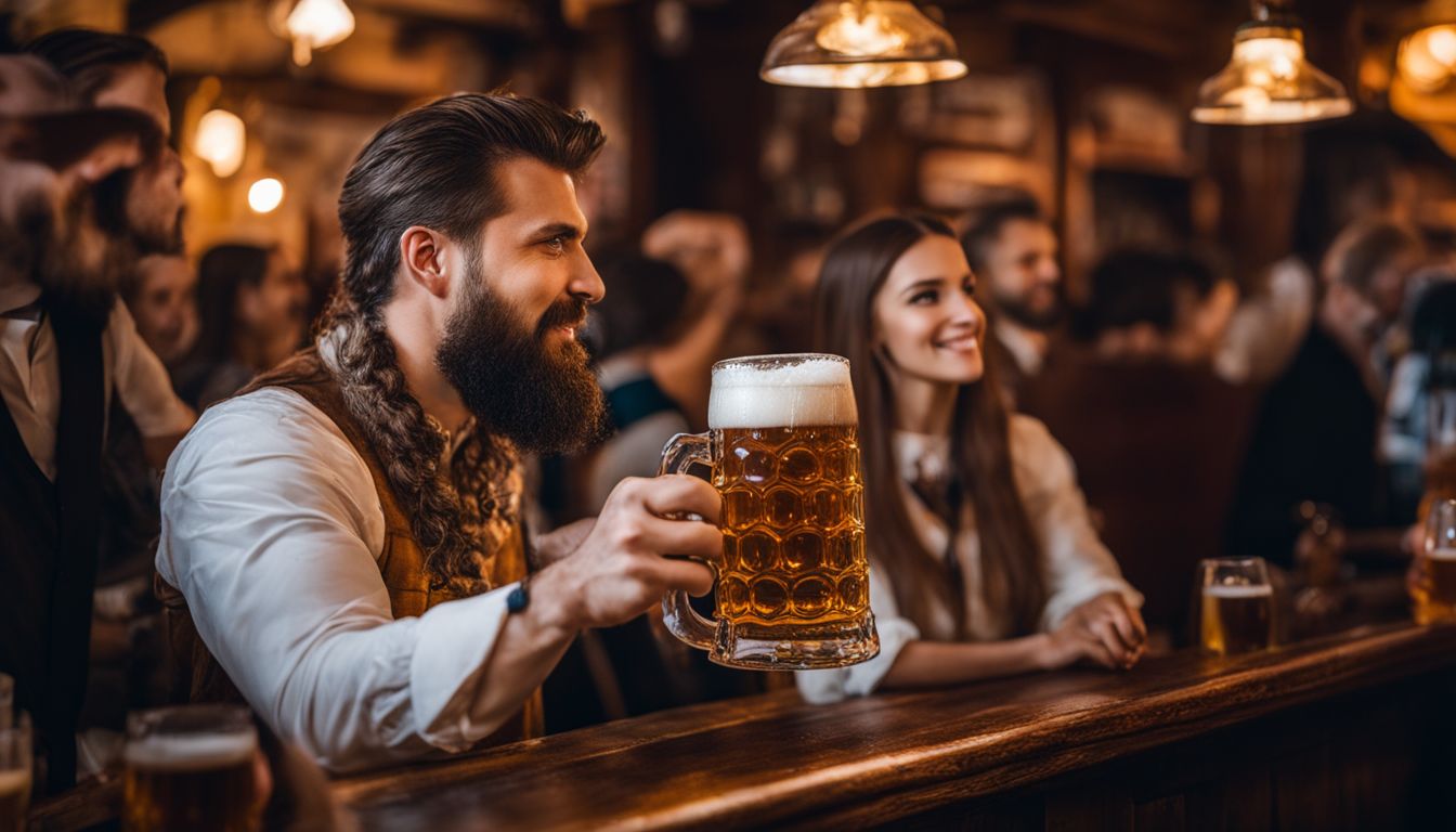 A photo of a traditional Ukrainian pub with overflowing beer.