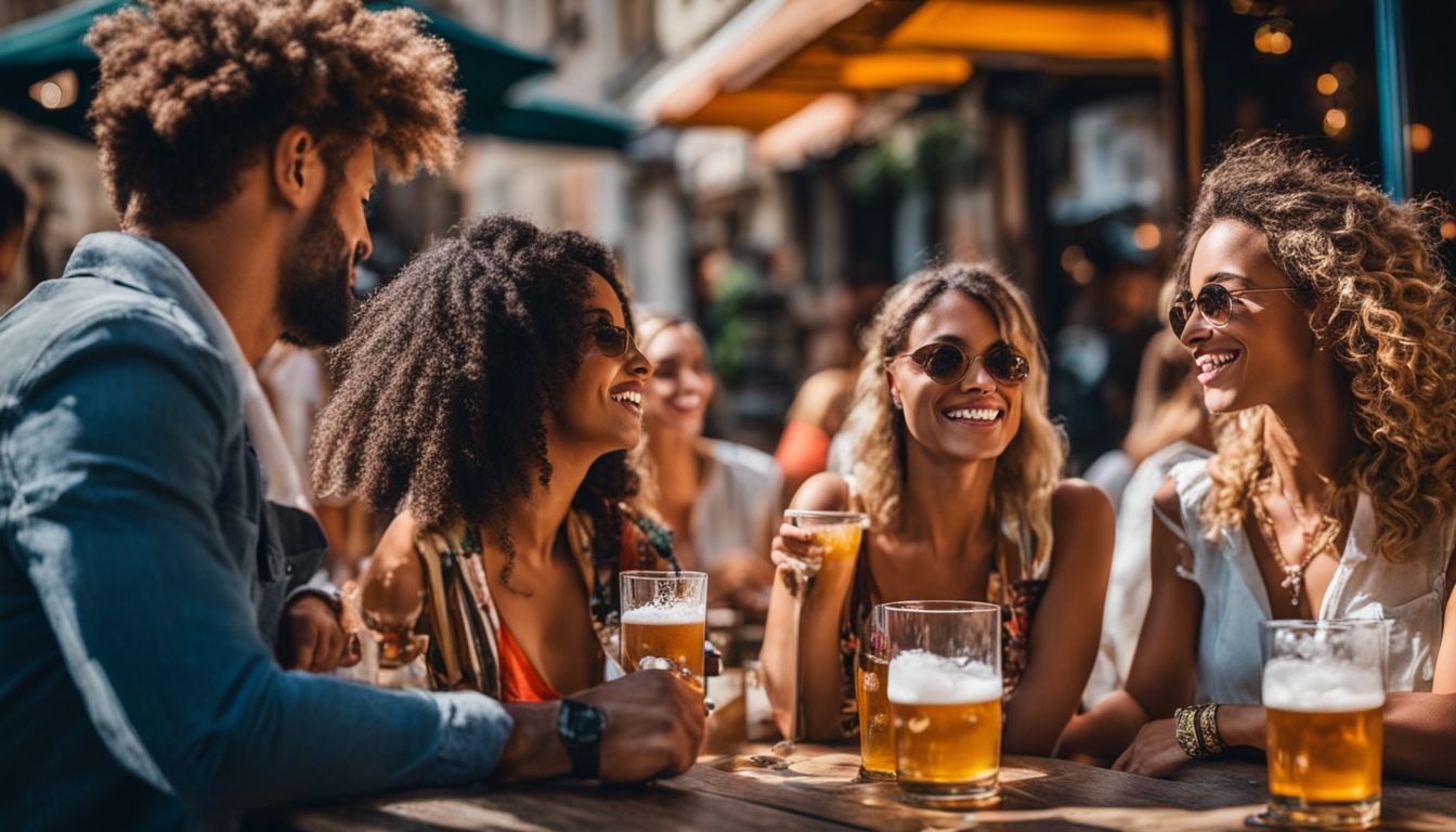 People enjoying beer at a lively street cafe in France.