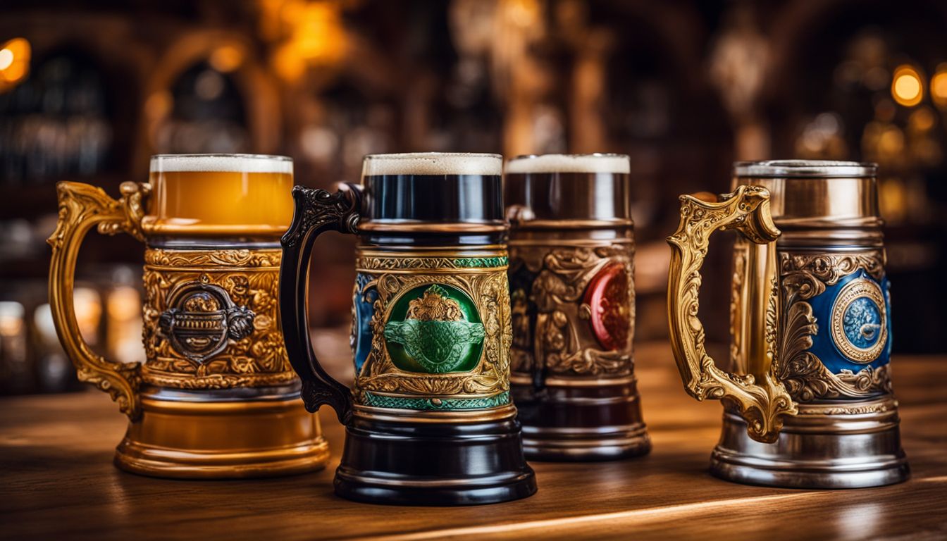 A colorful row of beer steins on a wooden table in Germany.