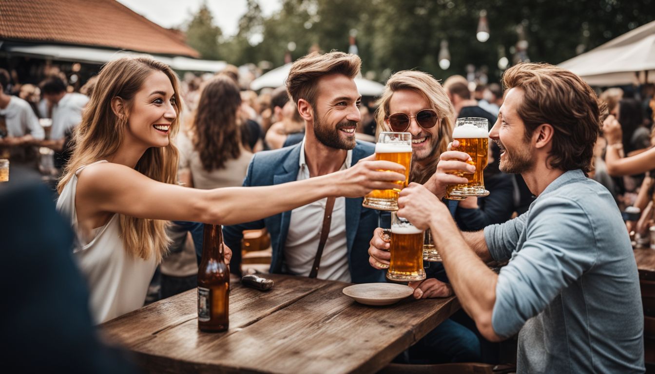 A diverse group of people enjoying beer in a lively Dutch beer garden.