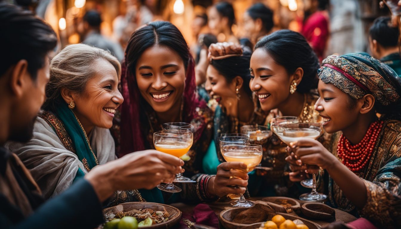 Photo capturing global drinking traditions with diverse cultures toasting together.