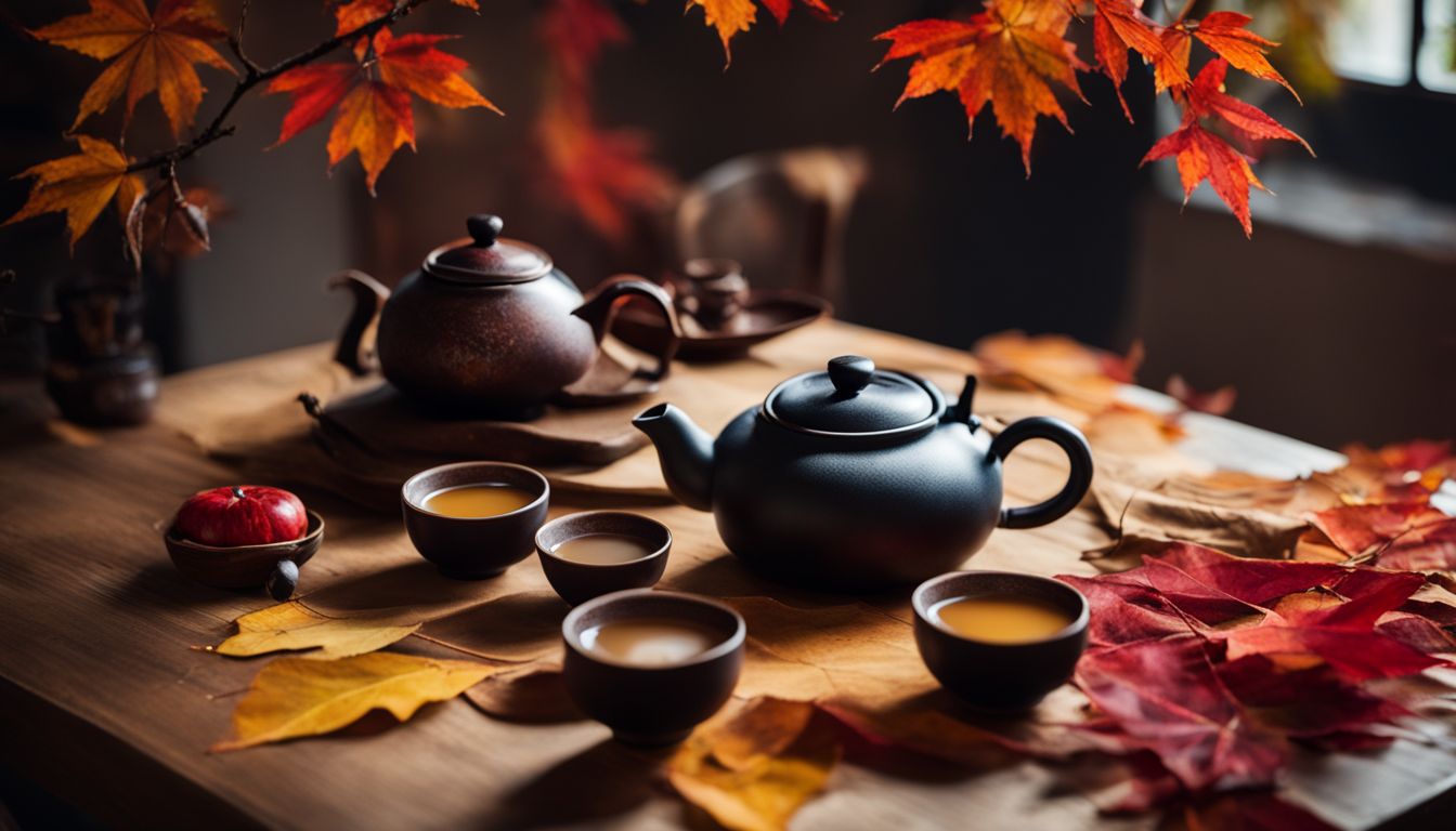 Traditional Korean teapot and cups among autumn leaves with diverse people.