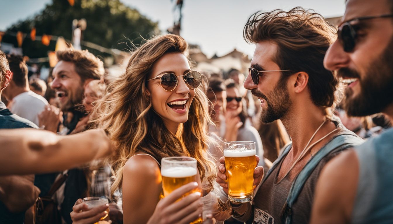 A diverse group of friends enjoying a vibrant beer festival in Spain.