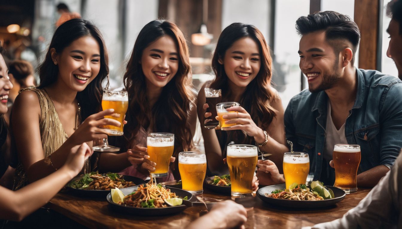 A diverse group of friends enjoying Thai food and Singha beer.