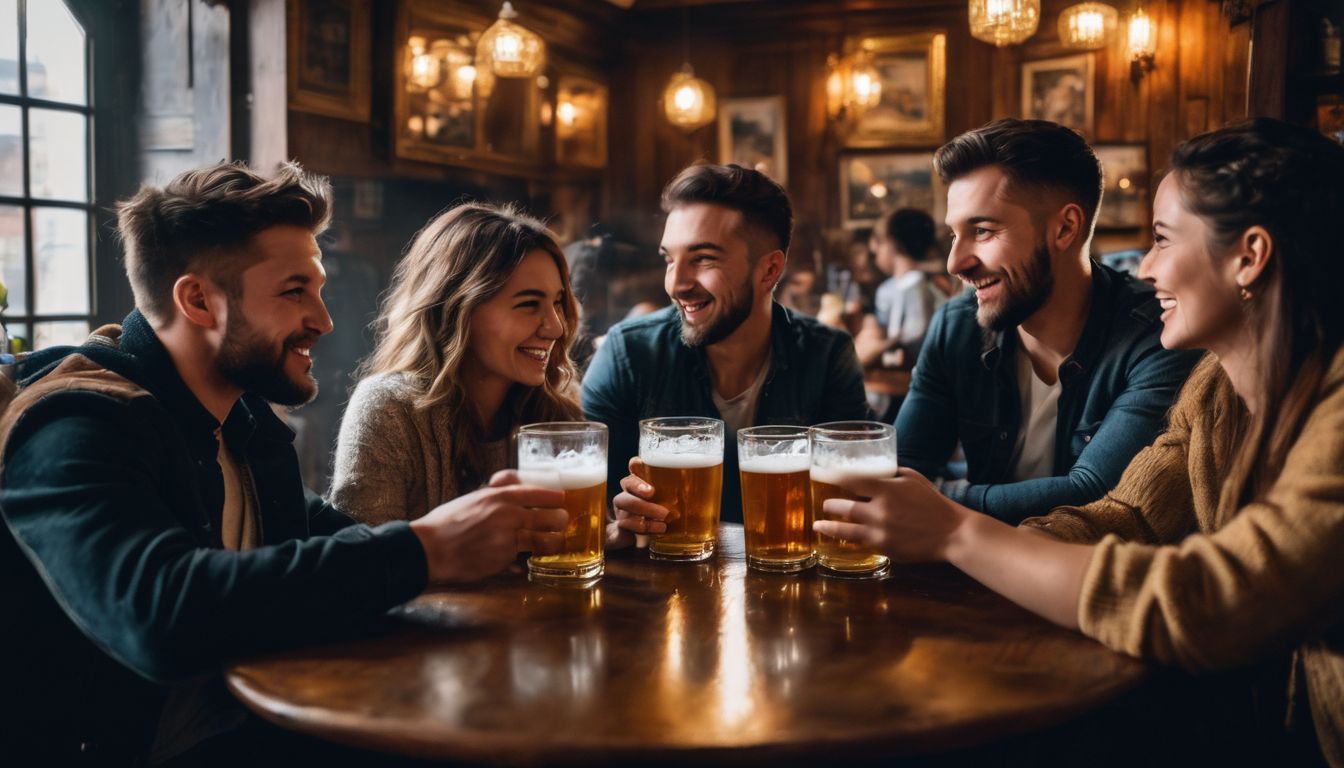 A diverse group of friends enjoying drinks in a Ukrainian pub.