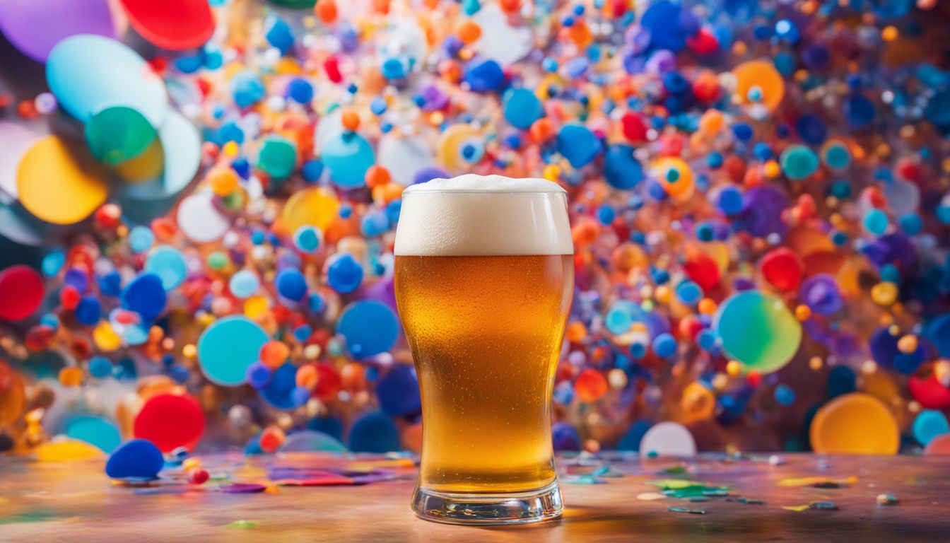 A vibrant, diverse scene featuring a beer surrounded by abstract shapes.