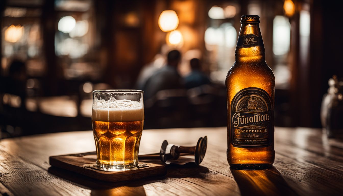 A vintage beer bottle and glass in a bustling pub.