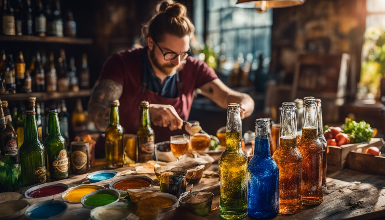 An artist painting a vibrant still life of beer bottles and glasses.