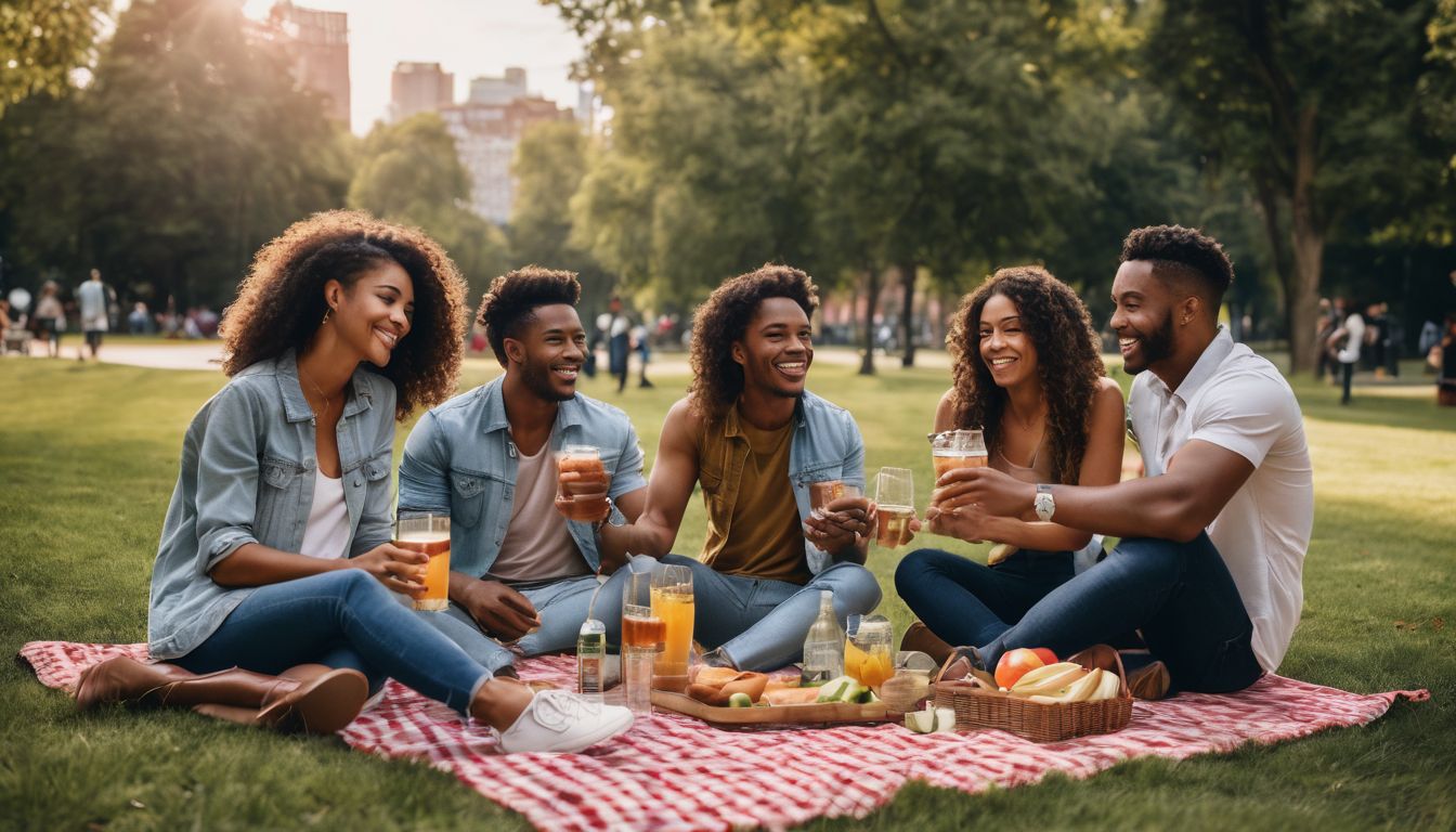 A diverse group of friends having a picnic in a park.