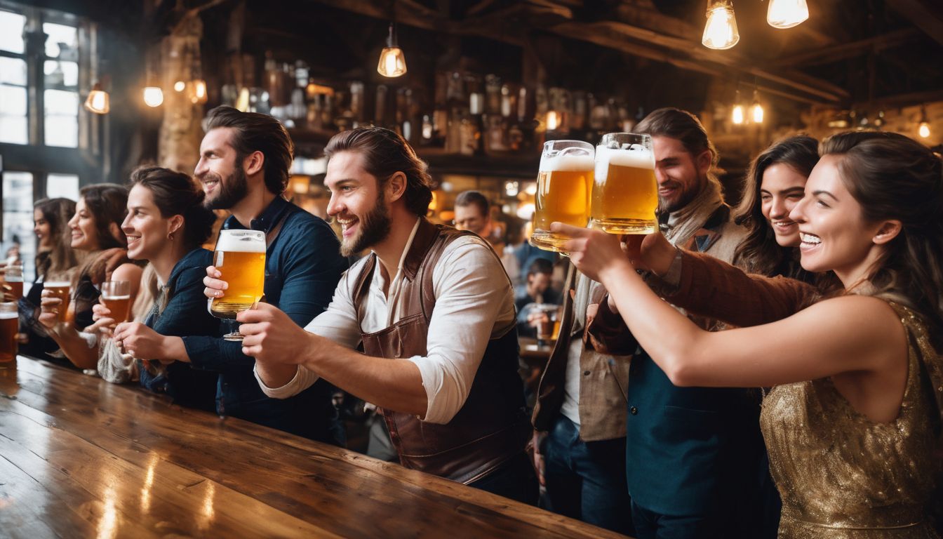 A diverse group of people sharing beers in a lively beer hall.