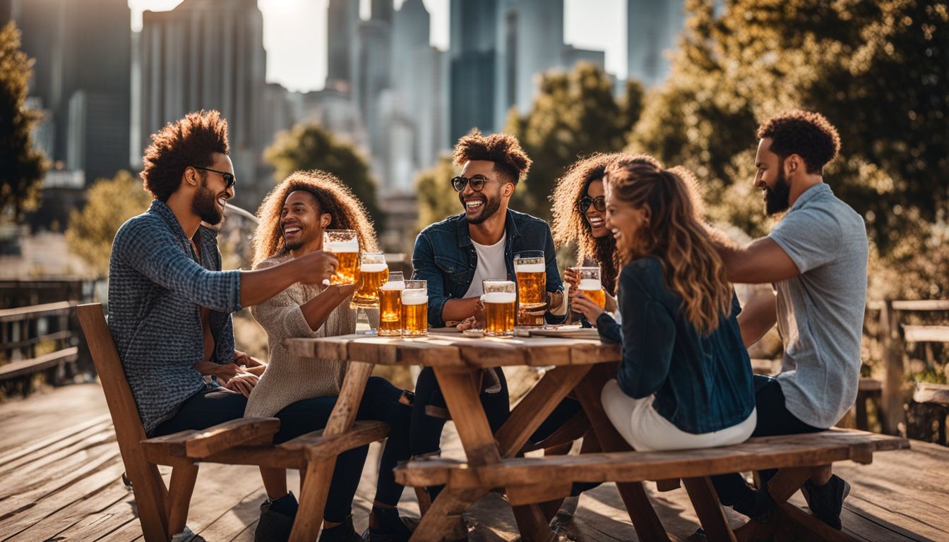 A diverse group of friends toasting at a picnic table.