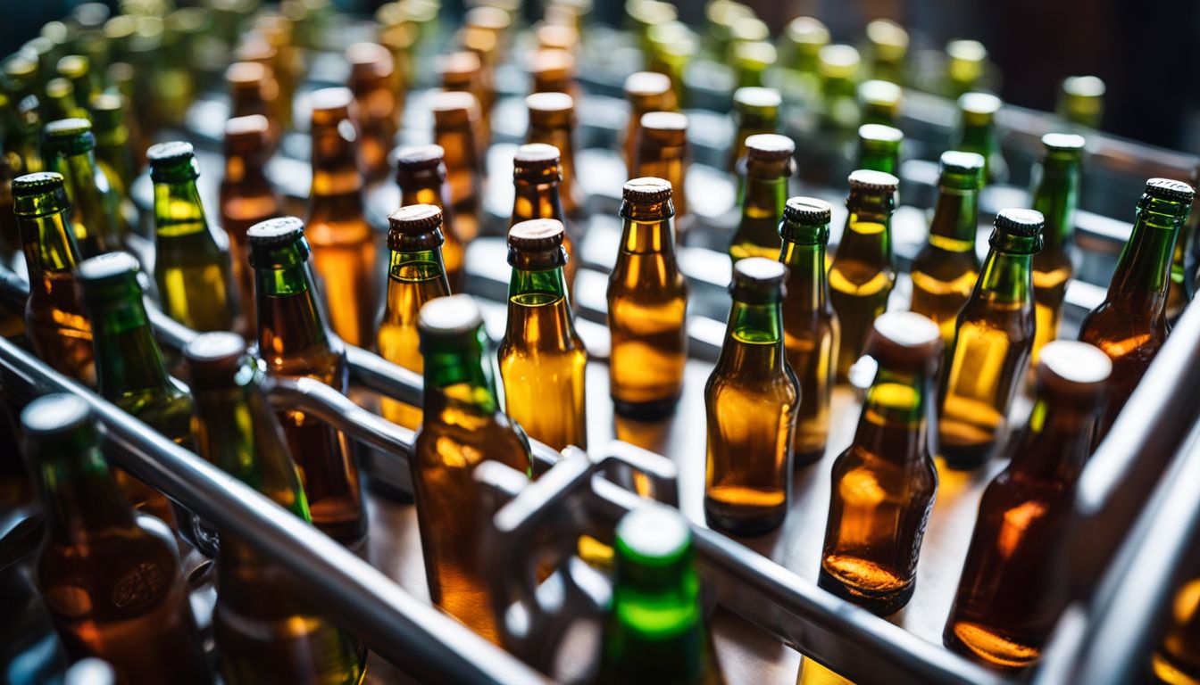 Colorful beer bottles on a conveyor belt in a brewery.