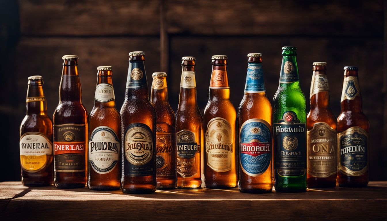 A diverse collection of beer bottles arranged on a table.