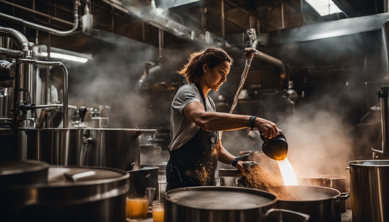 Brewery worker adding ingredients to kettle in vibrant, bustling atmosphere.