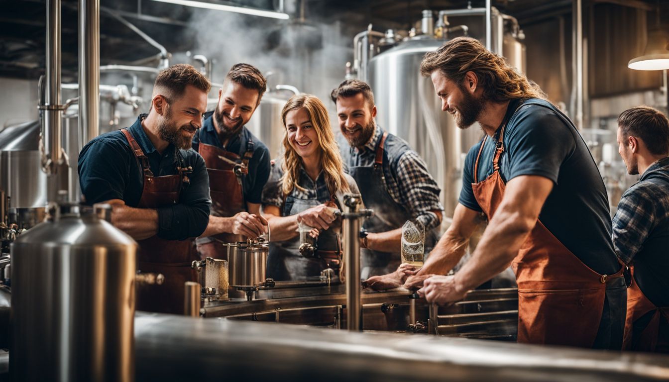 Group of diverse brewery workers in action surrounded by brewing equipment.