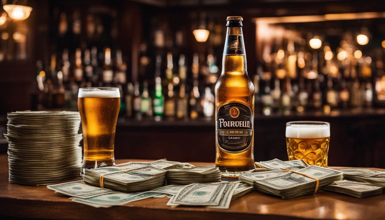 A well-lit photo of beer bottles surrounded by money and data.