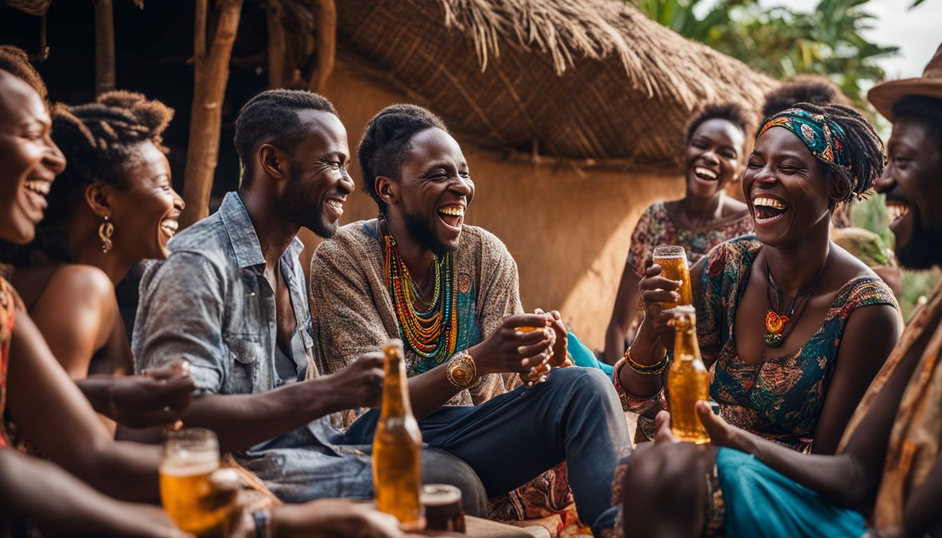 Group of people enjoying traditional African beer in a vibrant village.
