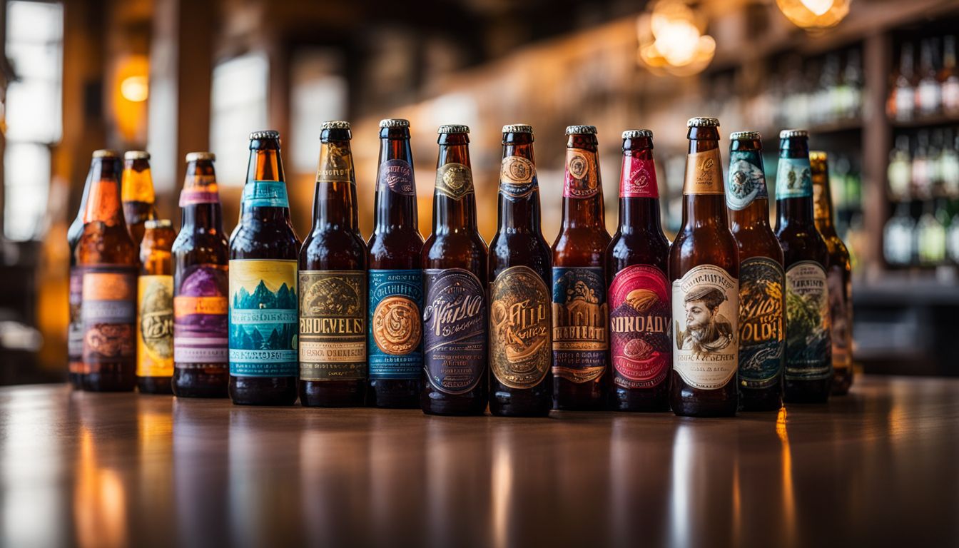 Colorful craft beer bottles with unique labels and flavors in a bustling atmosphere.