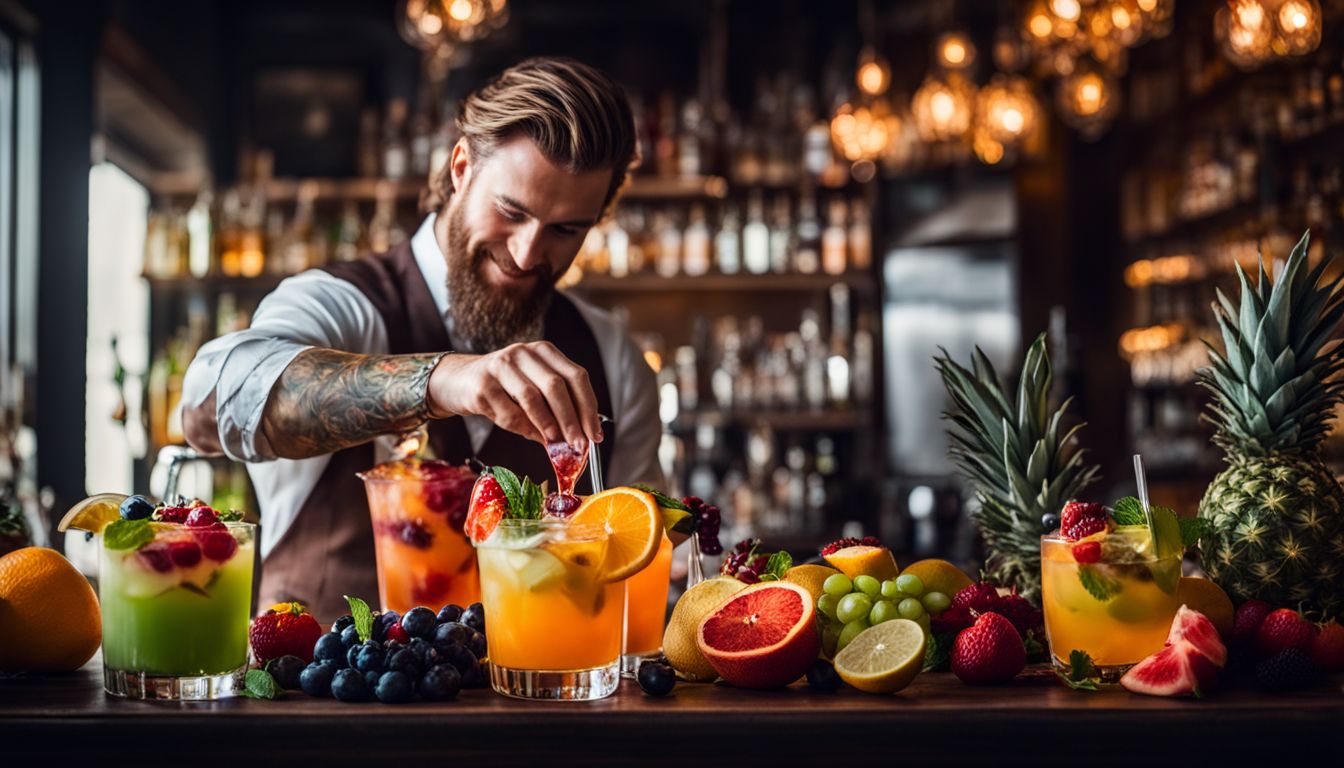 Bartender pouring a colorful cocktail with various fruit garnishes.
