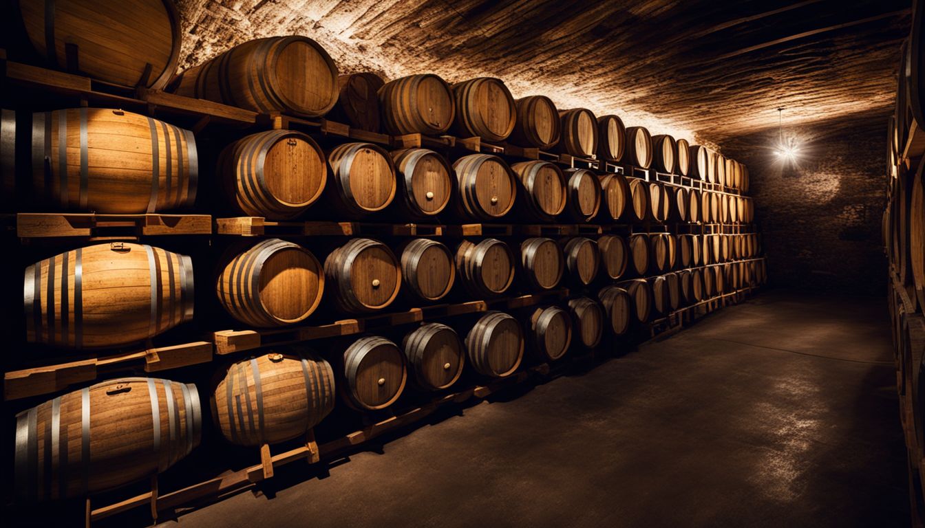 A stack of wooden barrels in a dimly lit cellar.