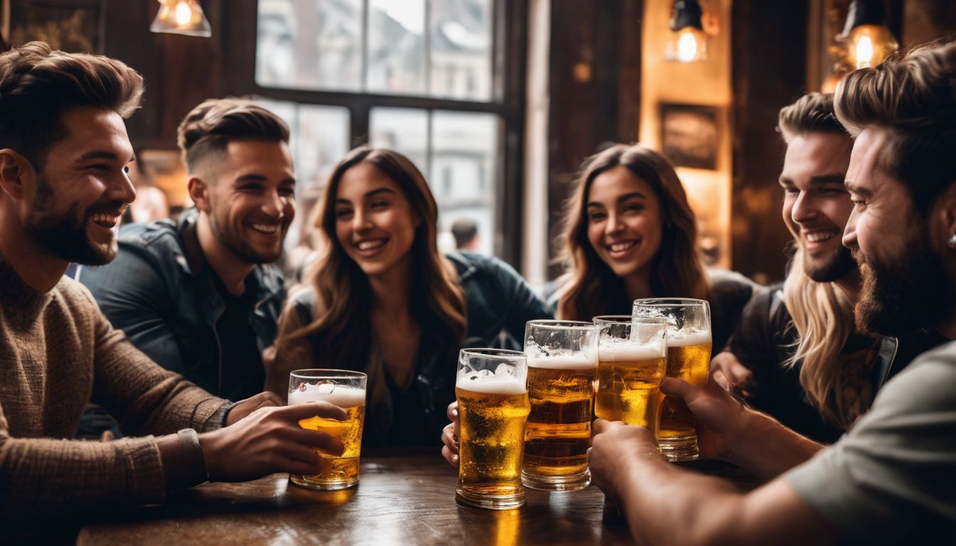 A diverse group of friends cheers with beer at a lively pub.