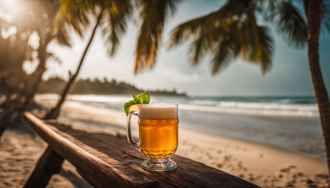 A glass of hazy beer with a tropical beach background.