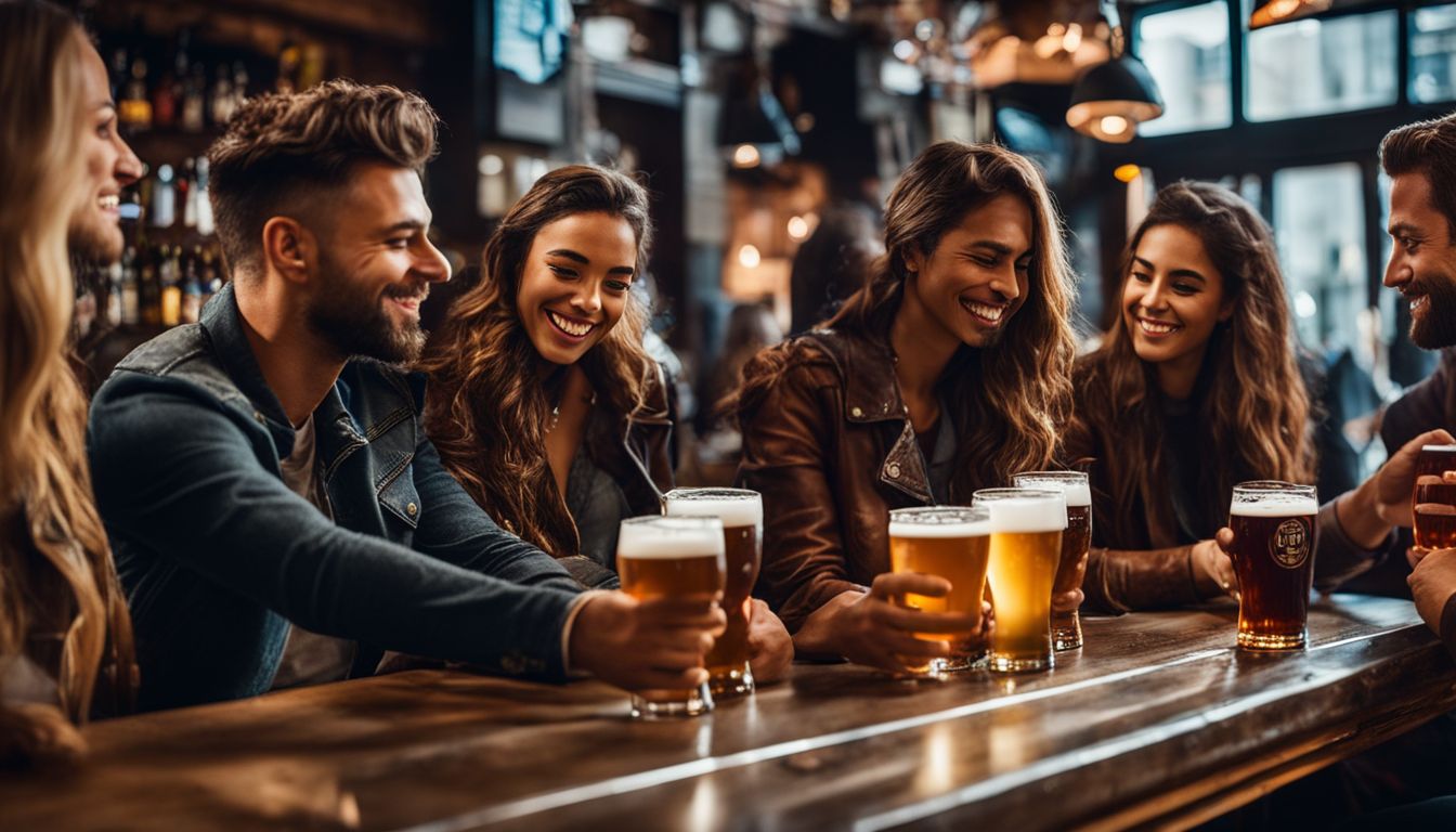 Group of friends enjoying craft beers at a lively bar.