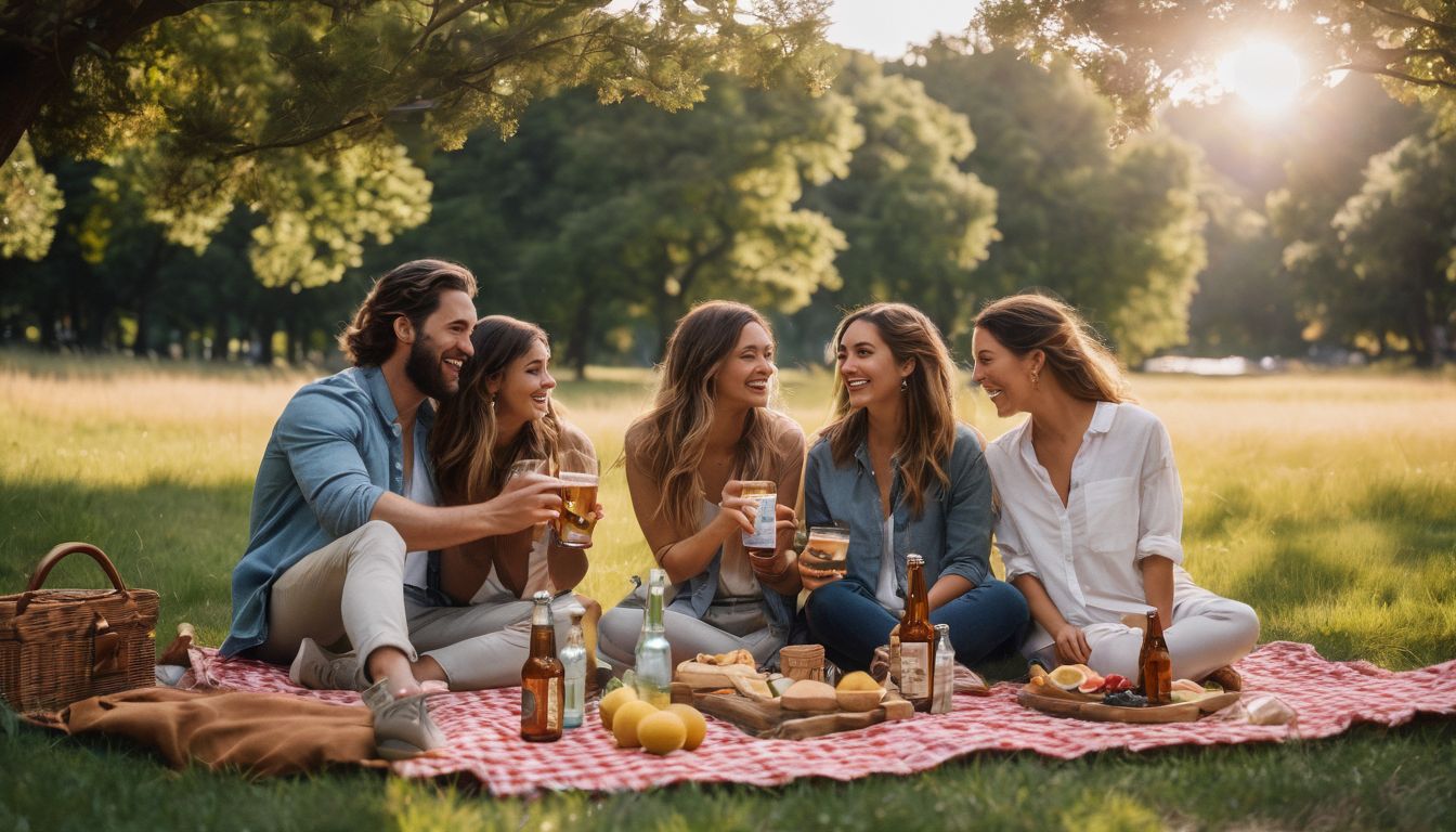 Group of diverse friends having a picnic with various beers.