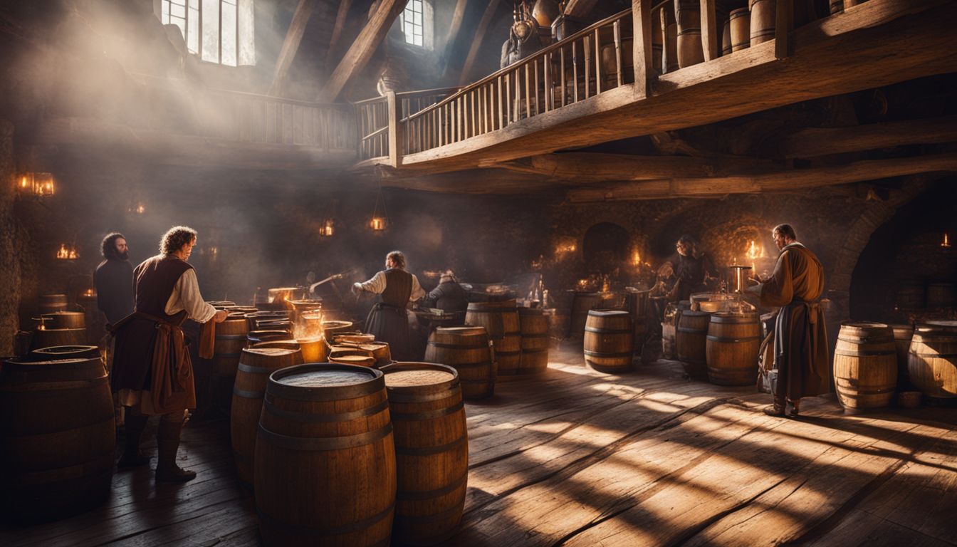 Ancient beer brewing scene in medieval castle with diverse people.