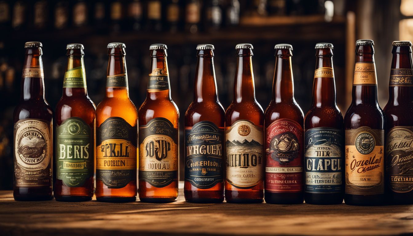 Craft beer collection displayed on rustic shelf with unique labels.