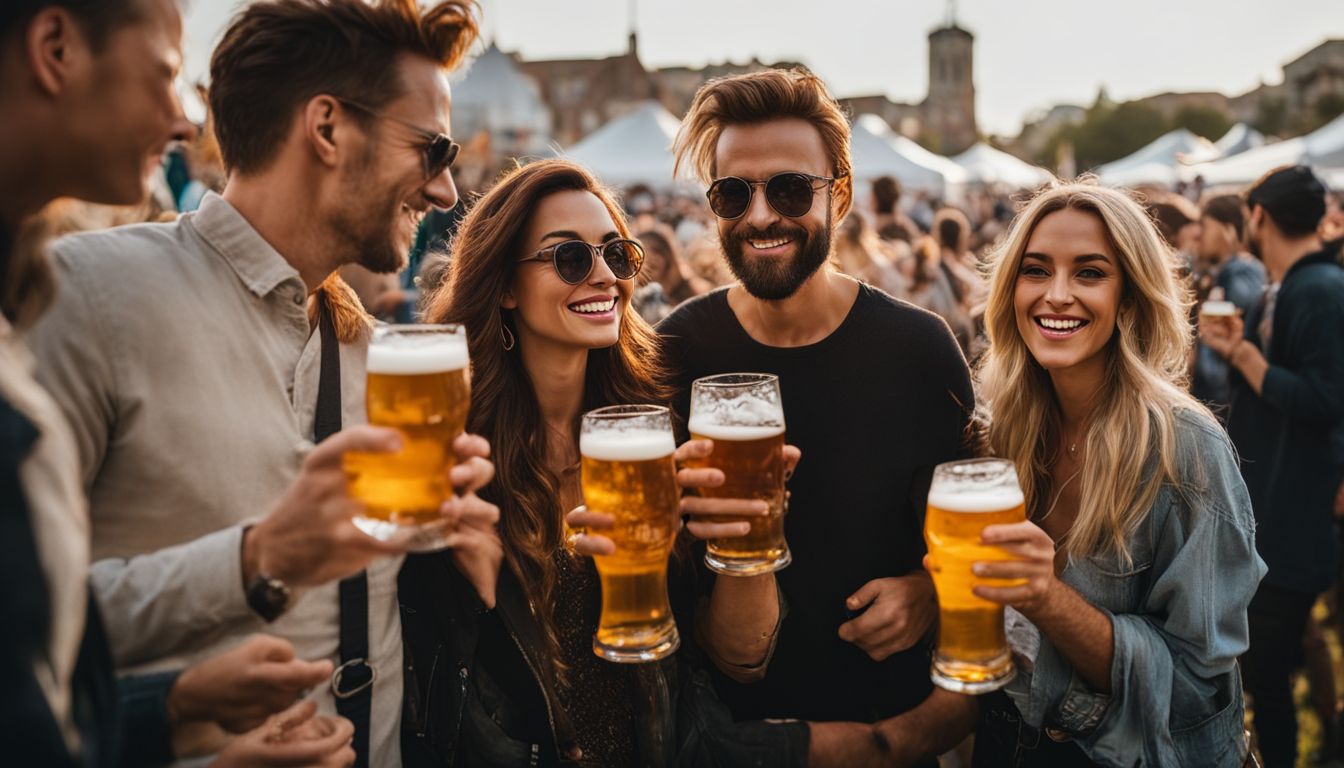 Diverse friends enjoying beer at lively outdoor festival.