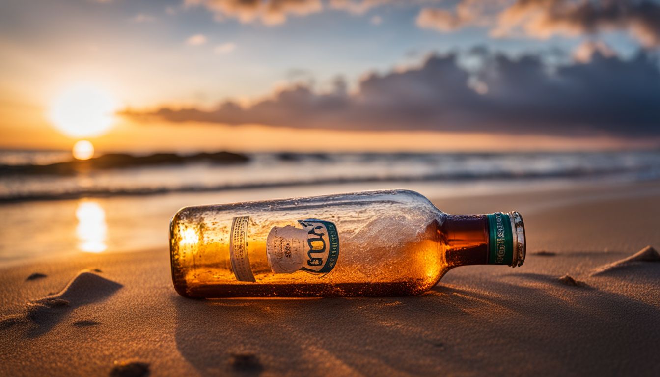An empty beer bottle on a peaceful beach at sunset.