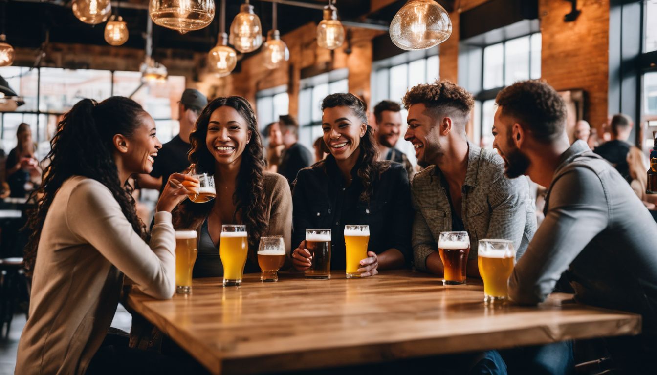 A diverse group of people socializing in a craft beer brewery.