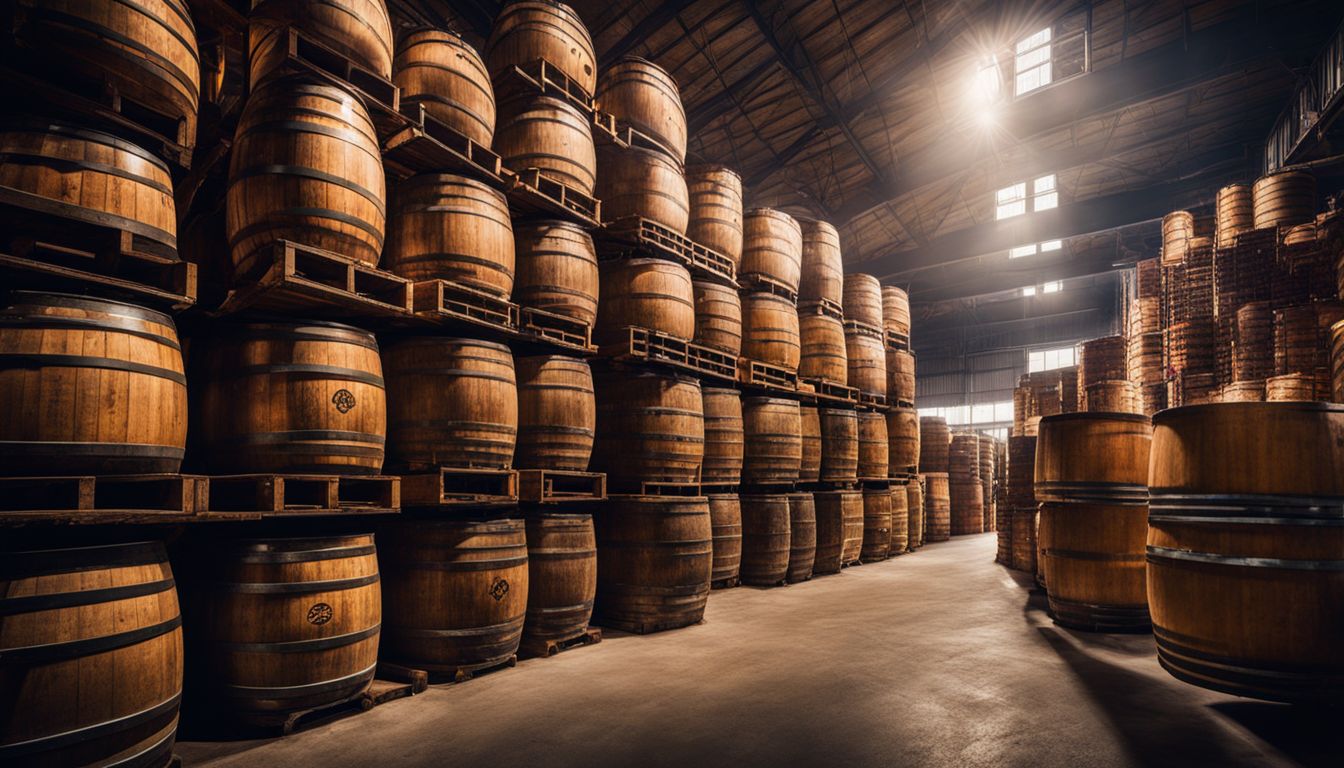 Photo of beer barrels in warehouse, various people, bustling atmosphere.