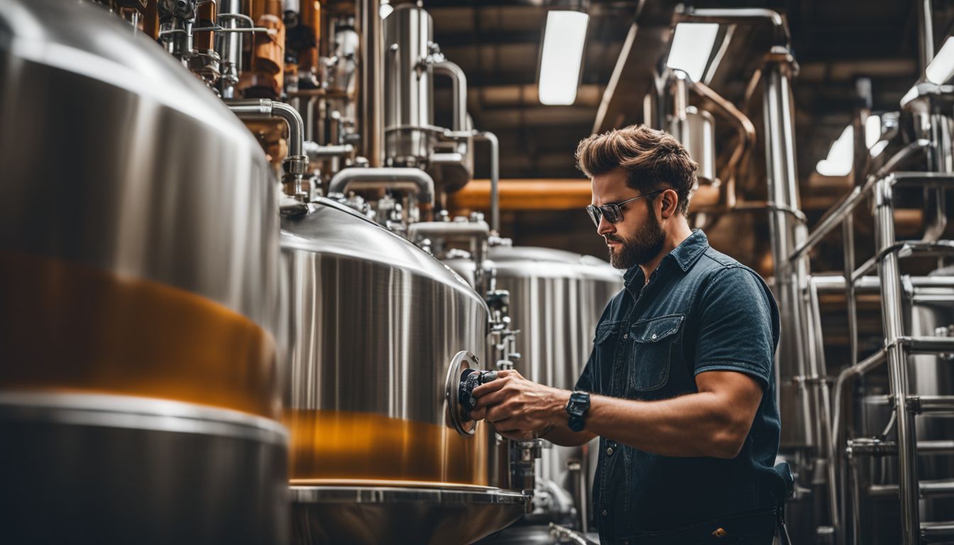 A brewery worker examines high-tech brewing equipment in a bustling atmosphere.
