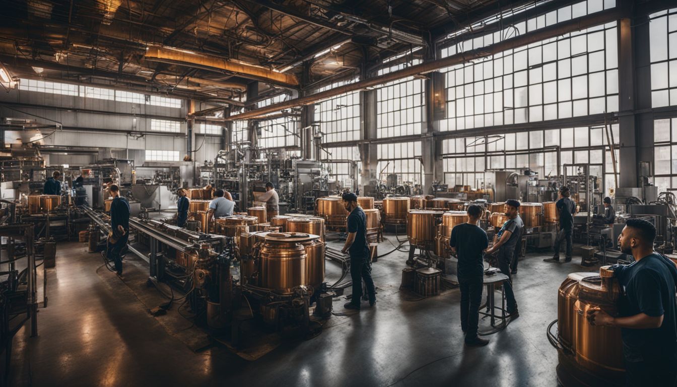 Panoramic view of a bustling beer factory with workers and machinery.