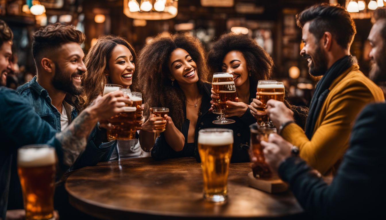 People from different cultures celebrating together in a lively pub.