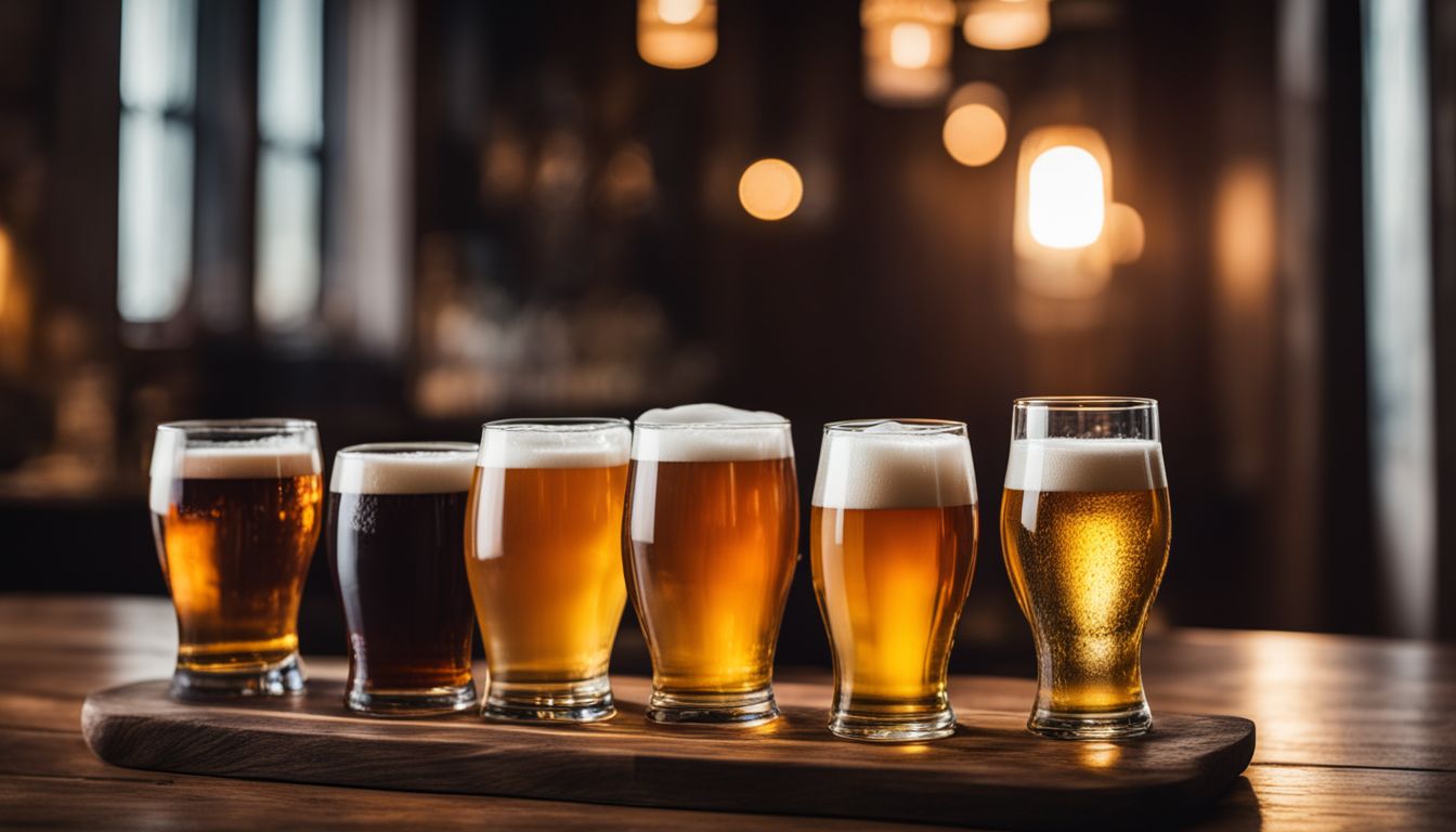 A variety of beers photographed on a table with different people.