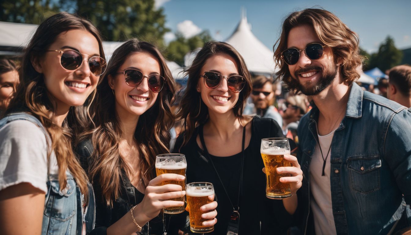 Friends enjoying craft beer at a vibrant outdoor beer festival.