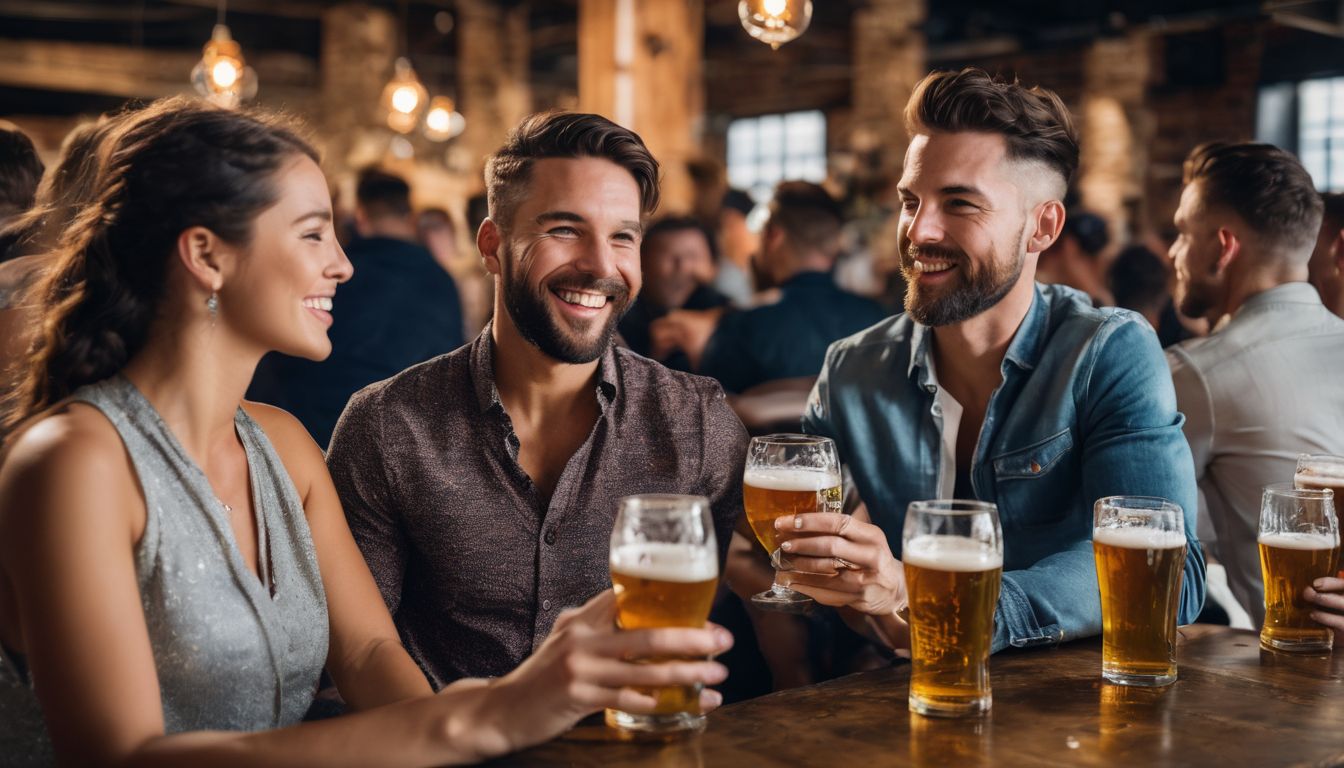 Group of people enjoying beer tasting event in a brewery.