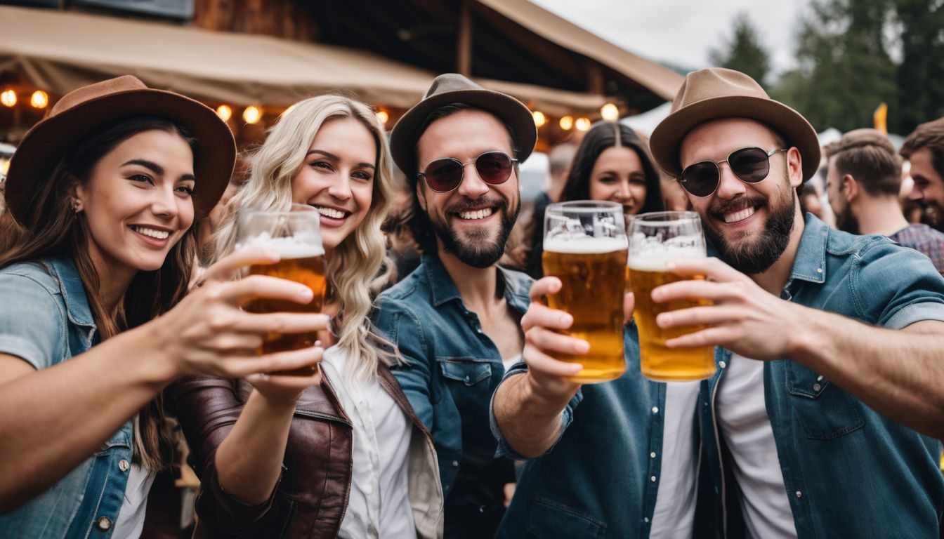 A diverse group of people enjoying craft beer at a festival.