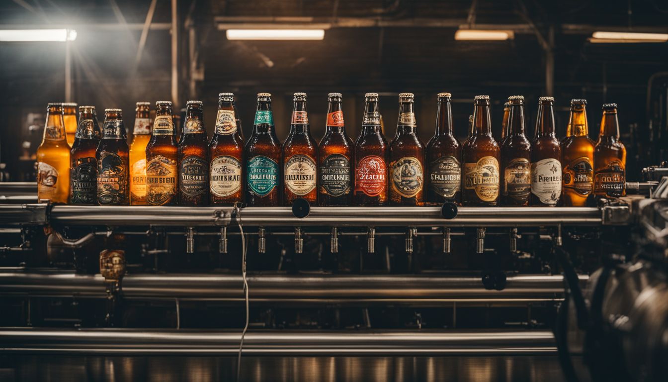 Craft beer bottles on production line in microbrewery, diverse employees, high-quality photography.