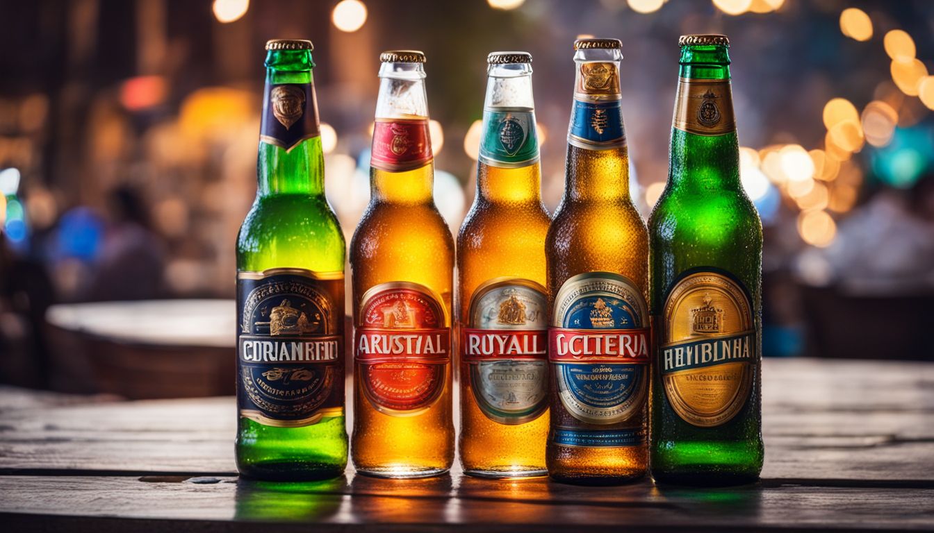 Colorful international beer bottles and glasses in a bustling cityscape.