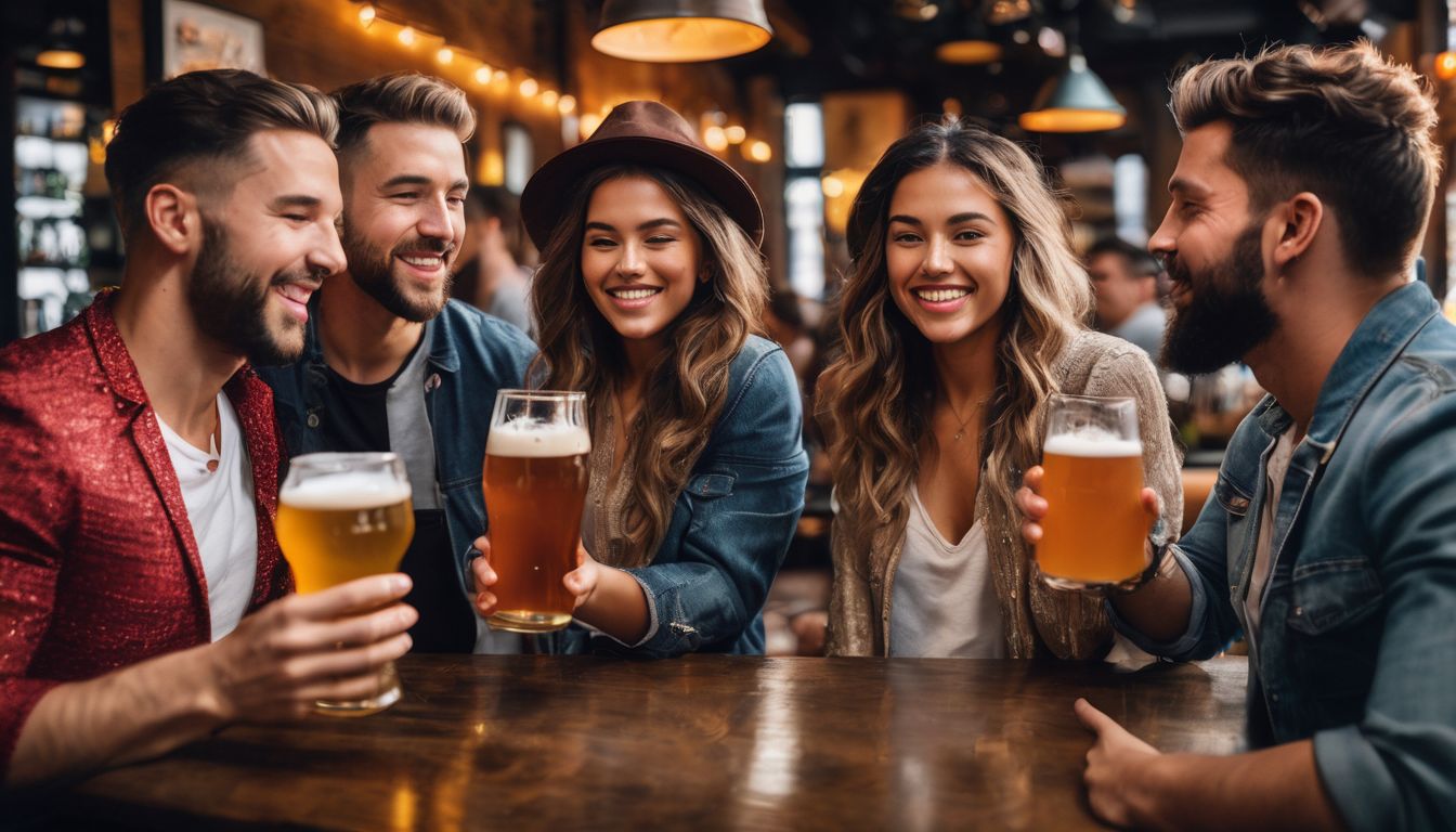 Group of friends enjoying craft beers at trendy bar.